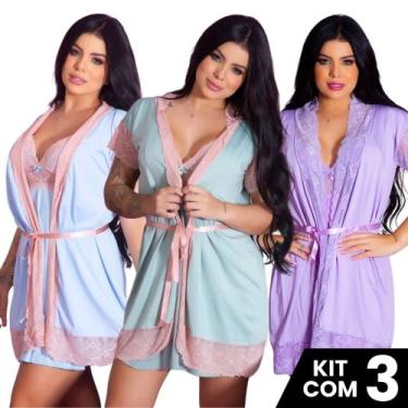 Imagem de Kit 3 Robes  Renda Luxo  Feminino Noiva Sexy Roupão de Banho Kimono Ro