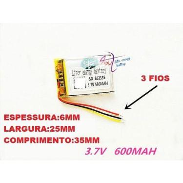 Imagem de 3 Bateria 3,7v Gps 6mm X 25mm X 35mm Com 600 Mah  3 Fios - KMIG