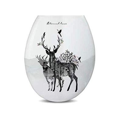 Imagem de Assento de vaso sanitário com fechamento suave, fácil de montar, belo design impresso, tampa de vaso sanitário espessada, painel universal tipo U PP para veados de banheiro