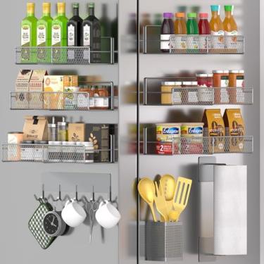Imagem de Suporte magnético para temperos para geladeira, pacote com 10 prateleiras magnéticas, organizador de temperos móvel com gancho, suporte de toalha de papel, suporte de utensílios de cozinha,