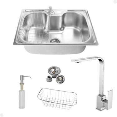 Imagem de Kit Cuba Única Inox + Acessórios Com Torneira Gourmet Monocomando Slim Cromada