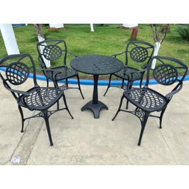 Imagem de Conjunto Para Jardim Firenze Com de Mesa de Pé Central e 4 Poltronas Preto Fosco em Alumínio Fundido Unifer Móveis