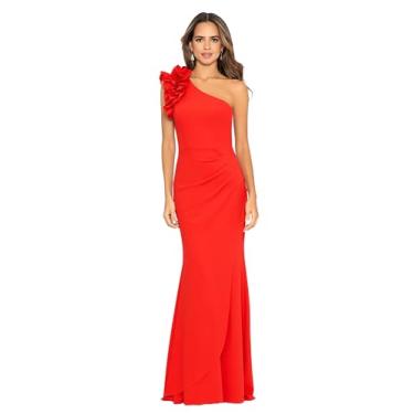 Imagem de Xscape Vestido de crepe feminino longo de um ombro único com babados (padrão e pequeno), Vermelho, 50