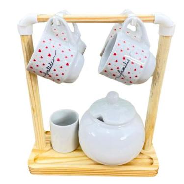 Imagem de kit café 7 pçs - Porcelana poá vermelho c/ Suporte pinus - Antilope De