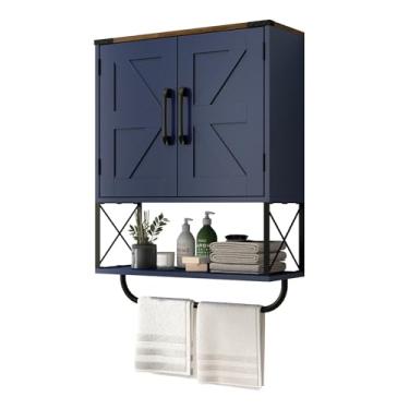Imagem de RUSTOWN Armário de remédios de fazenda com 2 portas de celeiro, armário de armazenamento de parede de madeira com prateleira ajustável e barra de toalha, armário de banheiro de 3 camadas para banheiro