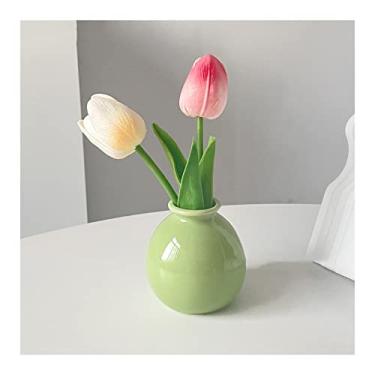 Imagem de Vaso Mini vaso pequeno de cerâmica de boca larga, vaso de flores hidropônico, vaso pequeno de decoração de flores secas, vaso pequeno, redondo e adorável Vaso de flores(Green)