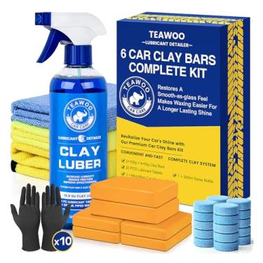 Imagem de TEAWOO Kit de barras de argila para carro, 6 barras de argila e 20 pastilhas lubrificantes, kit completo de detalhes do carro, frasco de spray, luvas descartáveis e toalhas de microfibra para limpeza