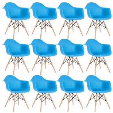 Imagem de Kit 12 Cadeiras Charles Eames Eiffel Daw Com Braços E Pés De Madeira Clara Azul Céu