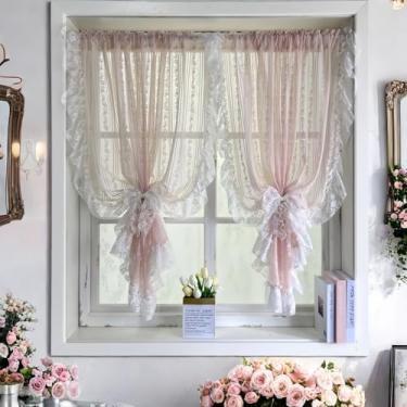 Imagem de Cortinas transparentes de renda rosa com babados recortados para quarto de meninas, cortinas de voile bordadas florais rústicas vitorianas vintage românticas com filtro de luz, bolso de varão, 2