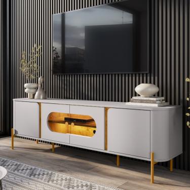 Imagem de Rack para TV Até 55 Polegadas com LED e Vidro Reflecta 4 Portas com Pés Juquehy Bechara - Off White/Naturale