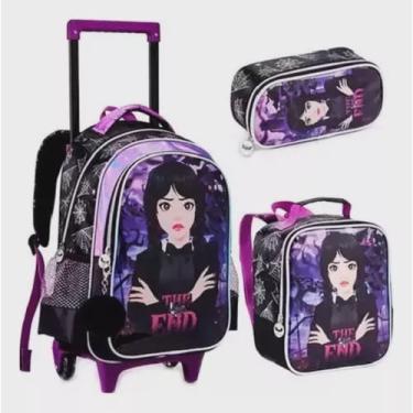 Imagem de Kit Mochila De Rodinha Infantil Feminina Escolar Wandinha