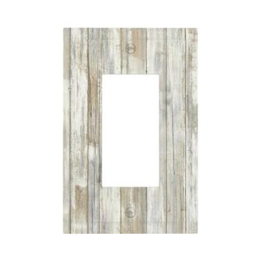 Imagem de Placa decorativa de parede decorativa de grão de madeira branca/cinza 1 gangue vintage placa de madeira rústica textura balancim elétrico/dispositivo GFCI tomada de luz receptáculo tampa da placa de