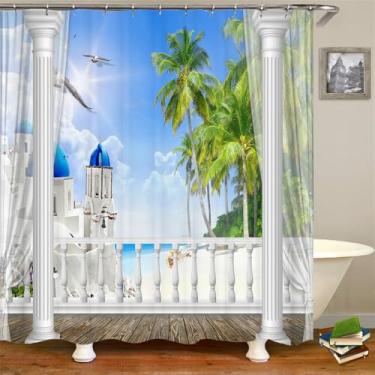 Imagem de Cenário litorâneo Praia Banheiro Cortina de chuveiro Decoração para casa Cortina Anti-mofo Cortinas de chuveiro à prova d'água com gancho, DM4199, L150 x A180 cm