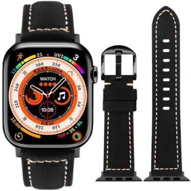 Imagem de Pulseiras de couro masculinas compatíveis com Apple Watch Series Ultra 10, 9, 8, 7, 6, 5, 4 e 3 SE, 49 mm, 49 mm, 46 mm, 44 mm, 42 mm, 45 mm, 46 mm, 49 mm (preta, 42 mm, 44 mm, 45 mm, 46 mm e 49 mm)