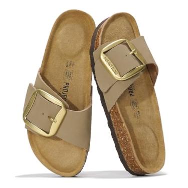 Imagem de Project Cloud Sandálias De Couro Legítimo Essenciais Para O Verão Na Praia - Chinelos E Slides Com Palmilha De Espuma Viscoelástica Sandálias Femininas Calçados Femininos Confortáveis (Mykonos, Beg