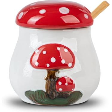 Imagem de dgudgu Açucareiro de cogumelo com tampa e colher açucareiro de cerâmica para bancada açucareiro com tampa e colher de bambu recipiente de açúcar