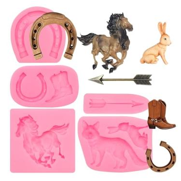 Imagem de Moldes de silicone Woodland Fondant para decoração de bolos, conjunto de 6 peças com cavalo, raposa, coelho, flecha, ferradura, designs de botas de cowboy