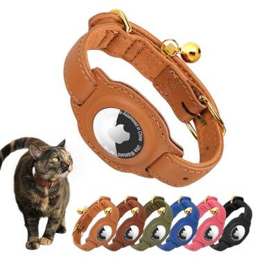 Imagem de Jowlroel Coleira AirTag para gatos com sino e forro de tecido - Coleira de couro para gatos - Coleira de couro para gatinhos que não quebram com suporte para AirTag - Coleiras GPS para gatos meninos e
