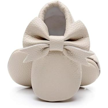 Imagem de Bebila Mocassins de bebê com franjas de laço duplo - Sapatos de bebê com sola macia para meninas e crianças pequenas, Bege 1, 3-6 Months Toddler