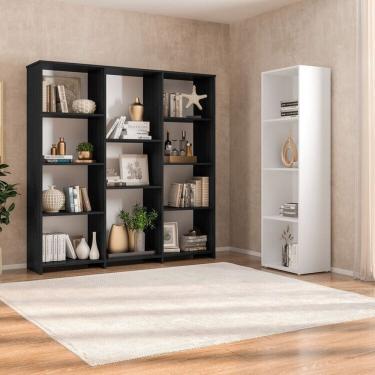 Imagem de Kit com 1 Estante Livreiro 11 Nichos Odelia e 1 Estante Modular 4 Nichos Calum Preto/Branco