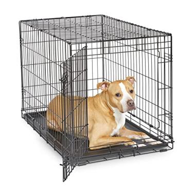 Imagem de Caixa de metal dobrável para cães New World 91 cm, inclui bandeja de plástico à prova de vazamento; caixa para cães mede 91 cm C x 58 cm L x 63 cm A, serve para raças de cães intermediárias
