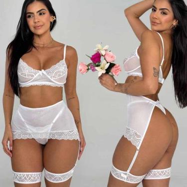 Imagem de Conjunto Lingerie Meia Taça Cinta Liga Sem Bojo Renda Calcinha fio - L