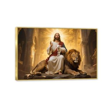 Imagem de Arte de parede Jesus e leão Imagem Cordeiro de Deus, pôsteres, arte para sala de estar, quarto, igreja, decoração, 90 x 60 cm (36 x 24 pol), moldura dourada