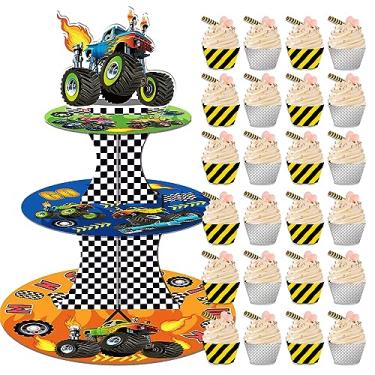 Imagem de Adirasenotek Suporte Para Cupcake Monster Truck 24 Cupcakes Com Forros E Embalagens, 3 Camadas, Festa De Aniversário, Chá Bebê