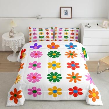 Imagem de jejeloiu Jogo de cama solteiro com flores fofas, colorido, para crianças, meninos, meninas, branco, colorido, conjunto de edredom com tema kawaii, 2 peças