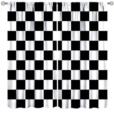 Imagem de Cortinas xadrez pretas e brancas geométricas com bandeira quadriculada de corrida de corrida com bolso para varão para decoração de quarto, sala de estar, cortinas, tratamentos de janela, conjunto de