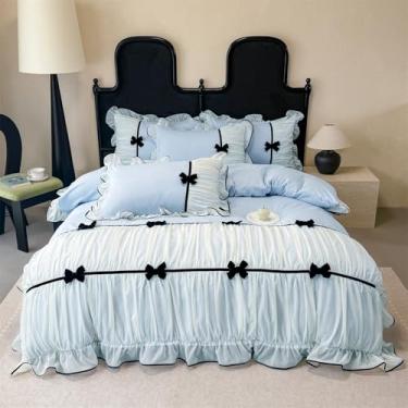Imagem de Jogo de cama com babados, gravata borboleta, roupa de cama de renda chique, conjunto de capa de edredom para meninas, solteiro, estilo princesa francesa, romântica, com babados e laço adorável com