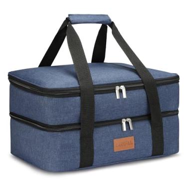 Imagem de Bolsa para almoço térmica isolada Double Decker caçarola para alimentos quentes ou frios, sacola térmica para piquenique Potluck Cookouts, suporte para lasanha, serve para assadeira de 23 x 33 cm, azul marinho