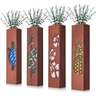 Imagem de Pacote com 4 vasos de parede com entalhes florais de madeira para flores secas e plantas de vegetação sintética, decoração de quarto de hibisco tropical, decoração havaiana de luau - sem plantador