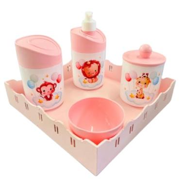 Imagem de Kit Higiene Baby Safari Menino e Menina c/bandeja em MDF (QUADRADA ROSA/ROSA, Leão/Macaco/Girafa - Balões)