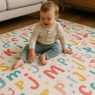 Imagem de Tapete Infantil Educativo 130x100cm Antiderrapante – Estampa Alfabeto e Estrada | Para Brincar, Engatinhar, Decoração Quarto Bebê, Limpeza Fácil com Pano Úmido (ABC)