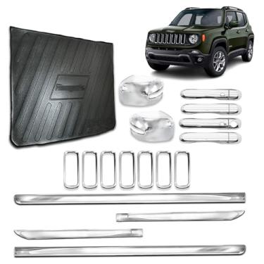 Imagem de Friso Lateral X-treme + Apliques de Maçaneta P/Keyless + Retrovisor P/Pisca + Protetor de Porta-Malas + Aplique para Grade Dianteira 4 Portas Adaptável para Renegade 2015 2016 2017 2018 Kit Cromado