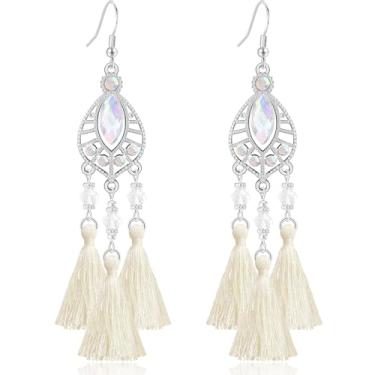 Imagem de Ricarmo Brincos femininos estilo nacional boêmio, strass, vazados, leves, pendentes, tecido de cristal, franja, gancho, para mulheres, 2.44inch, Metal, Sem pedra preciosa