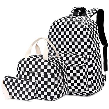 Imagem de Conjunto de mochila escolar para meninas, bolsa escolar para crianças adolescentes com lancheira, Xadrez, Large