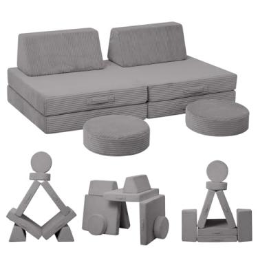 Imagem de MeMoreCool Sofá infantil para sala de jogos, sofá infantil conversível de veludo cotelê, 8 peças, conjunto de construção de forte de espuma para móveis de quarto de criança, cinza claro