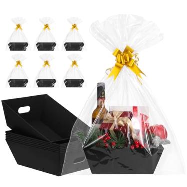 Imagem de AFOROEOA Pacote com 10 cestas pretas para presentes vazias, cesta de presente Kraft de 25 x 30 cm de espessura com 10 laços, 10 sacos, cestas de presente vazias para Natal, Páscoa, aniversários