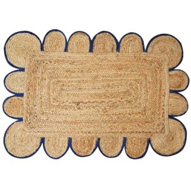 Imagem de Tapete de área de juta natural recortado, tapete de juta recortada 2x3 Boho Decor Tapete de porta (borda azul, 2X3)