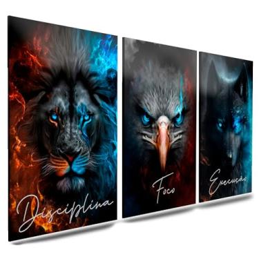 Imagem de Kit 3 Quadro Decorativo Sala Quarto Leão Águia Lobo Motivacional Disciplina Foco Execução (07)