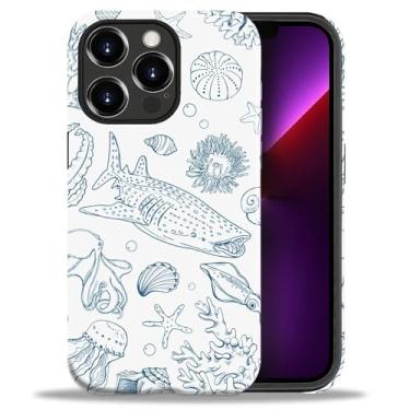 Imagem de FKBRCL4U Capa para iPhone 13 Pro, capa híbrida de silicone brilhante de 2 camadas para meninas e mulheres para iPhone 13 Pro, tubarão, coral, recifes, concha do mar, padrão de estrela do mar