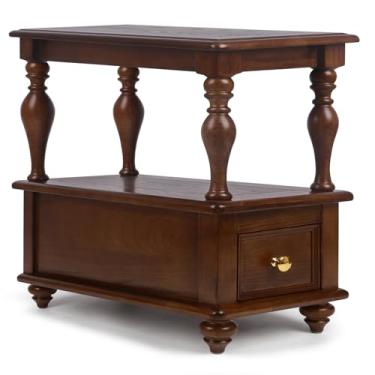 Imagem de Ohoqiaqia Mesa de canto estreita de madeira maciça com gaveta e prateleira de armazenamento, mesa lateral de sofá fina criativa com 2 armários de armazenamento ocultos, como mesa de centro ou mesa de