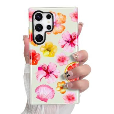 Imagem de SOKAD Capa de telefone magnética de hibisco concha para Samsung Galaxy S23 Ultra, linda estampa floral de verão compatível com Magsafe capa protetora brilhante com protetor de tela para meninas e