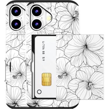 Imagem de MUQR Capa compatível com iPhone 16 com suporte de cartão fofo - Design Kawaii, proteção contra quedas de nível militar, capa carteira robusta para mulheres (Hibisco branco preto)