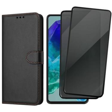 Imagem de Capa Carteira Premium com Película de Privacidade 3D para Samsung Galaxy M55, Couro Sintético Preto, 2 Películas