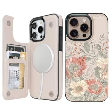 Imagem de uCOLOR Capa carteira para iPhone 13 Pro Magsafe com compartimento para cartão 【Compatível com MagSafe】 Design com bloqueio de RFID de couro PU flip flip (flores vintage rosa, iPhone 13 Pro)
