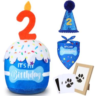Imagem de Cutecrop Conjunto de presentes de aniversário de 2 anos, decoração de aniversário de cachorro menino menina, chapéu azul, bandana de brinquedo de bolo estridente, kit de impressão de pata para animais