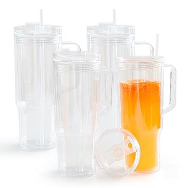 Imagem de AGH Pacote com 4 copos de plástico reutilizáveis a vácuo de parede dupla de 1,134 g com alça e tampa de palha, copo de caneca de viagem de garrafa de água, copos de acrílico clássicos